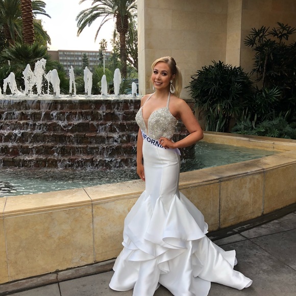 White Satin Gown with Silver Embellished Bodice - Picture 3 of 8
